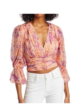 AMUR Peach and Pink Floral V-Neck top